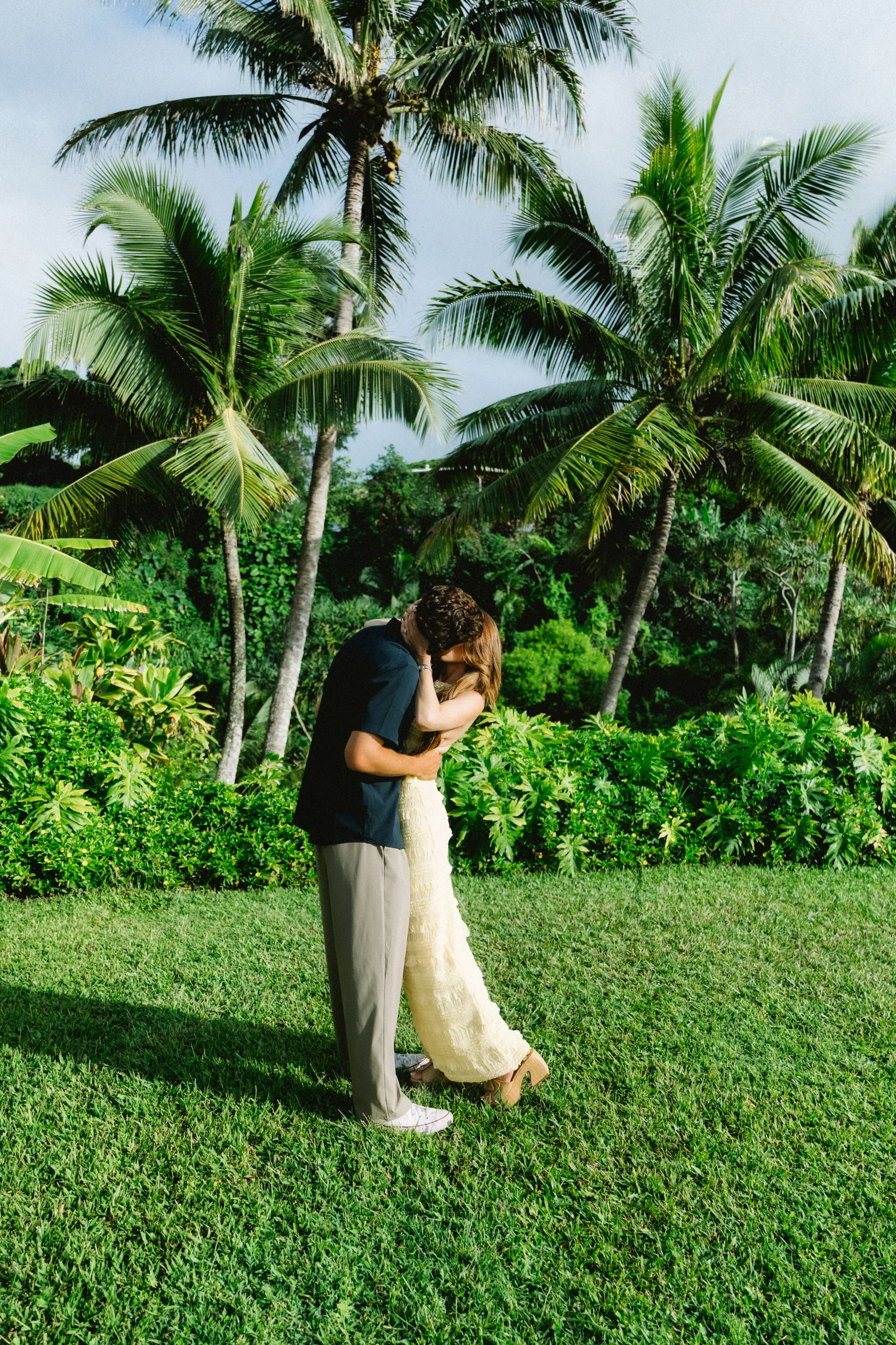 A couple embracing on a lawn framed by coconut palms