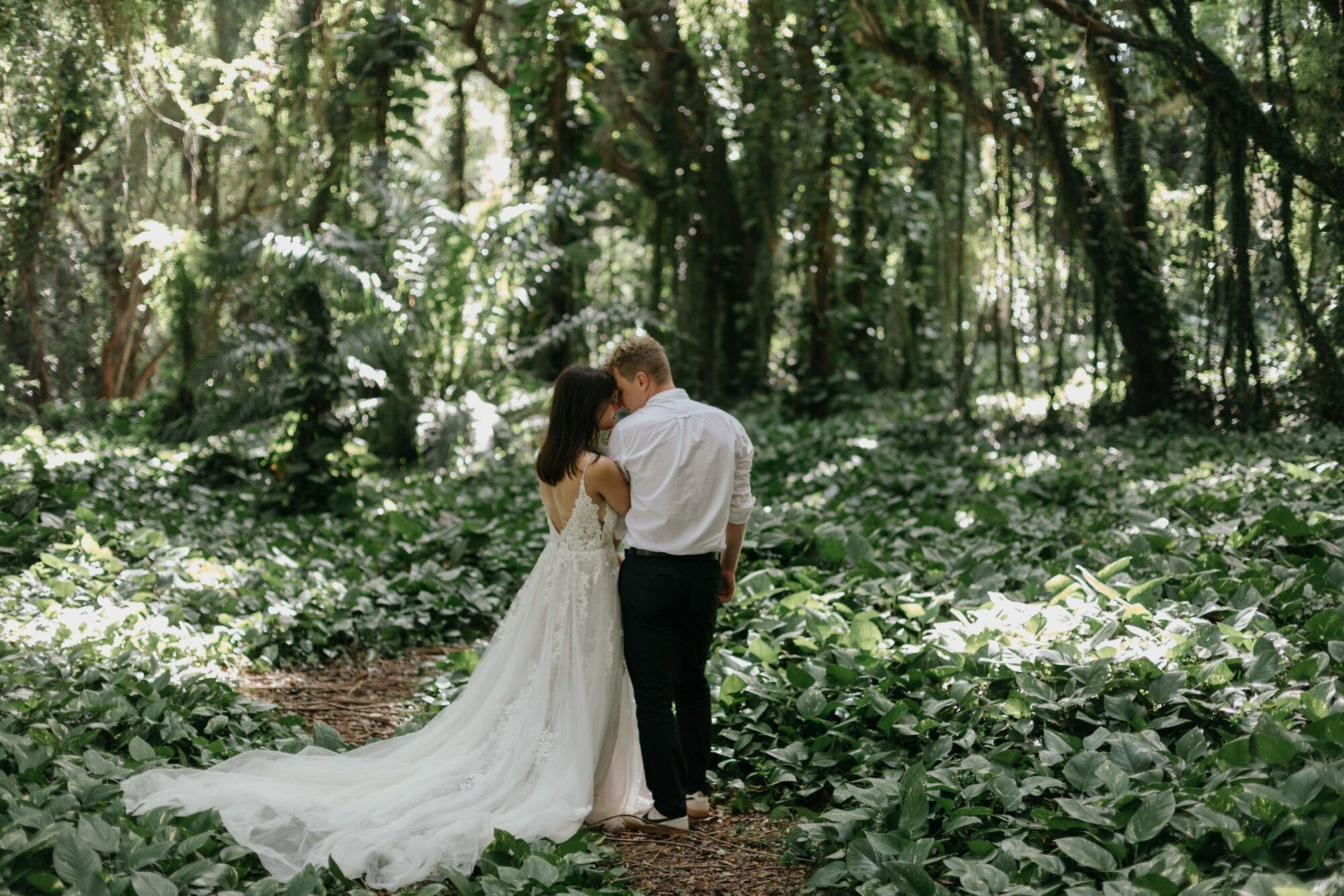 Jessie Hawaii Photography, Bride and groom embrace in lush green forest, wedding photography.
