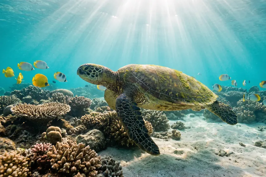 Green sea turtle over a shallow coral reef