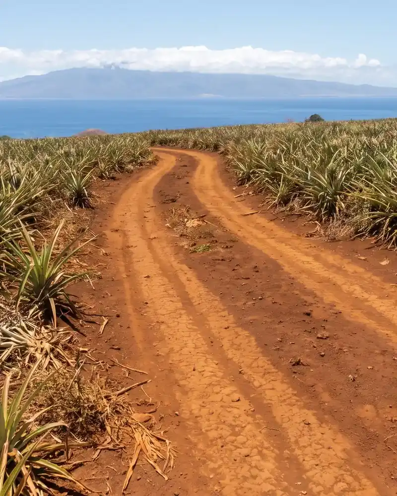 Red dirt trail through old pineapple fields above the Pacific