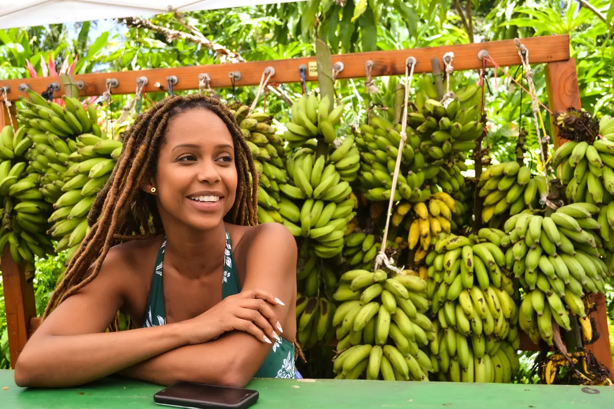 Bananas hanging at a roadside stand on the Hana Highway