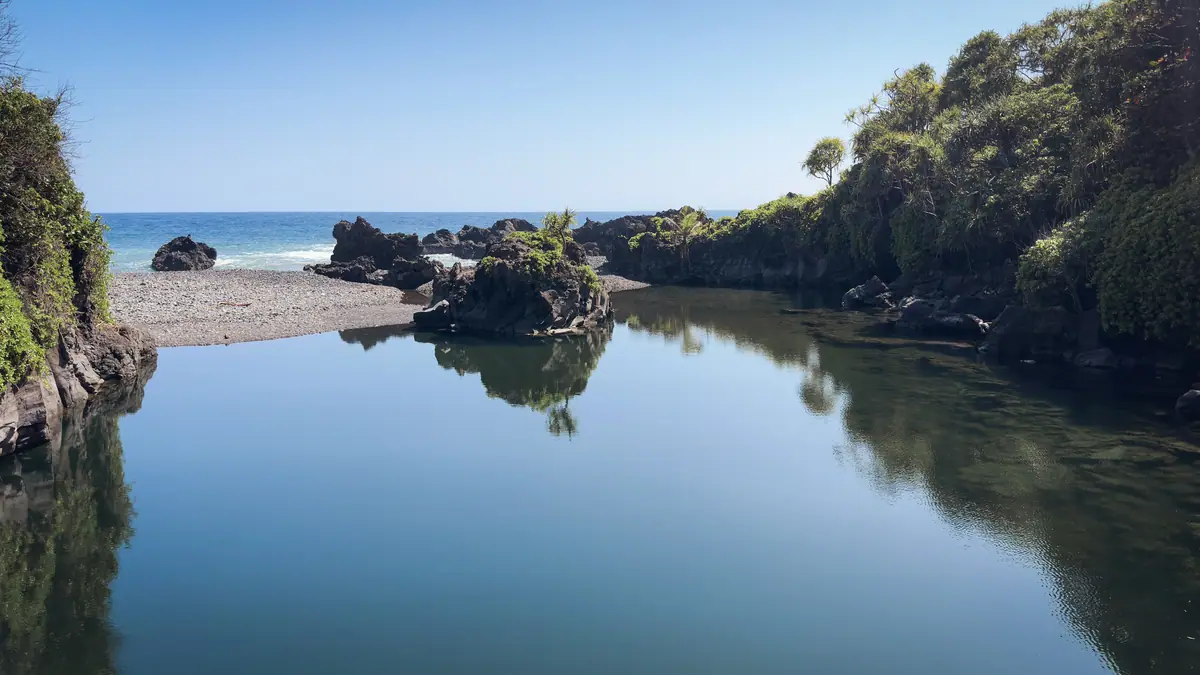 A wide view of the freshwater pools running out toward the ocean